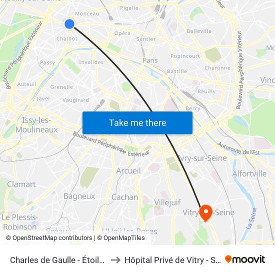 Charles de Gaulle - Étoile - Wagram to Hôpital Privé de Vitry - Site Pasteur map