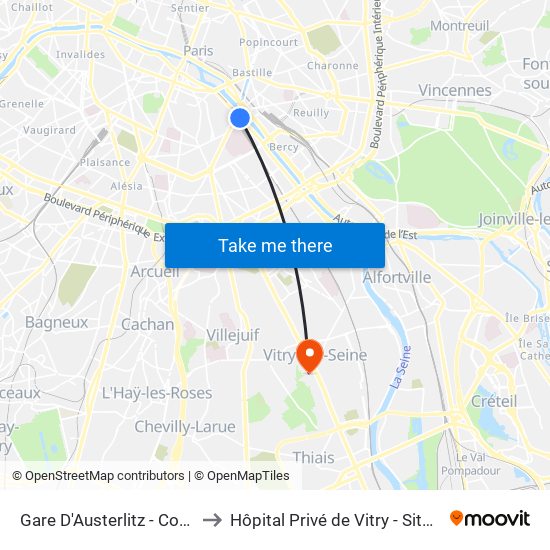 Gare D'Austerlitz - Cour Seine to Hôpital Privé de Vitry - Site Pasteur map