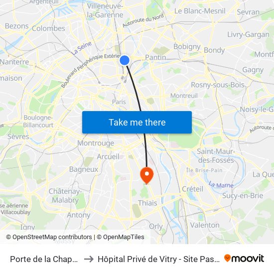 Porte de la Chapelle to Hôpital Privé de Vitry - Site Pasteur map