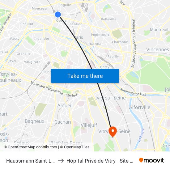 Haussmann Saint-Lazare to Hôpital Privé de Vitry - Site Pasteur map