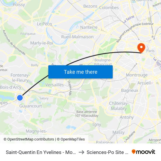 Saint-Quentin En Yvelines - Montigny-Le-Bretonneux to Sciences-Po Site René Rémond map