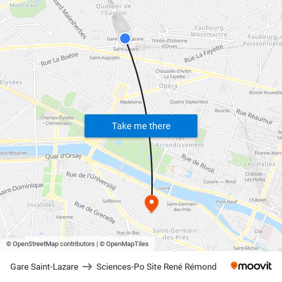 Gare Saint-Lazare to Sciences-Po Site René Rémond map