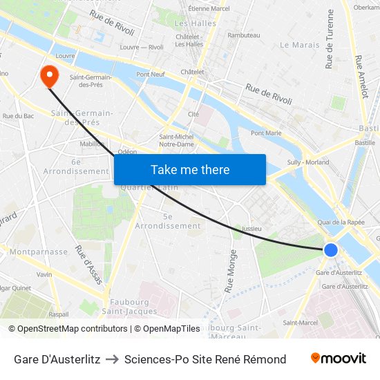 Gare D'Austerlitz to Sciences-Po Site René Rémond map
