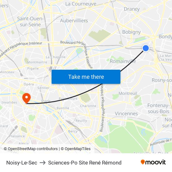 Noisy-Le-Sec to Sciences-Po Site René Rémond map