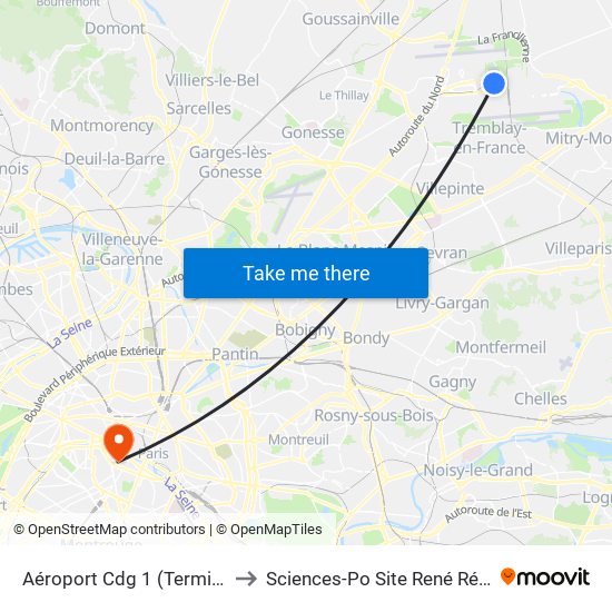 Aéroport Cdg 1 (Terminal 3) to Sciences-Po Site René Rémond map