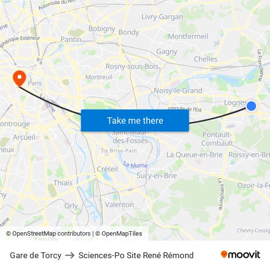 Gare de Torcy to Sciences-Po Site René Rémond map