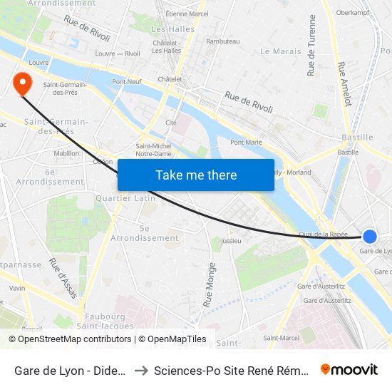 Gare de Lyon - Diderot to Sciences-Po Site René Rémond map