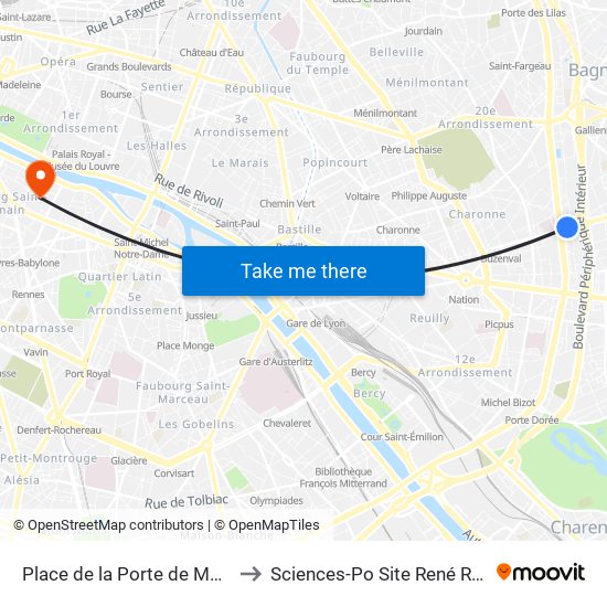 Place de la Porte de Montreuil to Sciences-Po Site René Rémond map