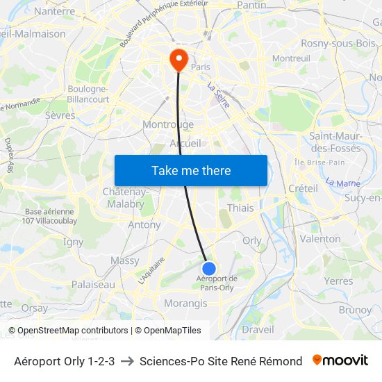 Aéroport Orly 1-2-3 to Sciences-Po Site René Rémond map