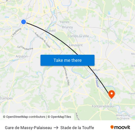 Gare de Massy-Palaiseau to Stade de la Touffe map