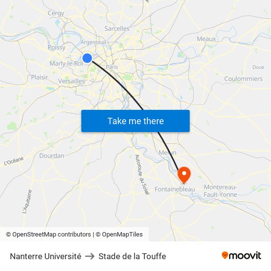 Nanterre Université to Stade de la Touffe map