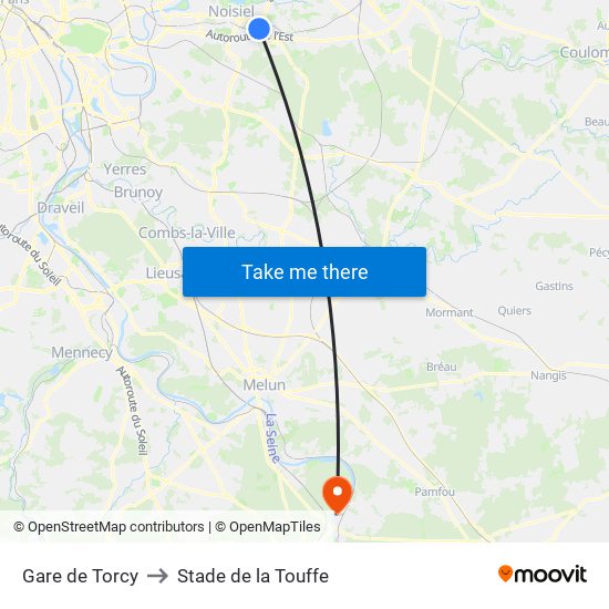 Gare de Torcy to Stade de la Touffe map