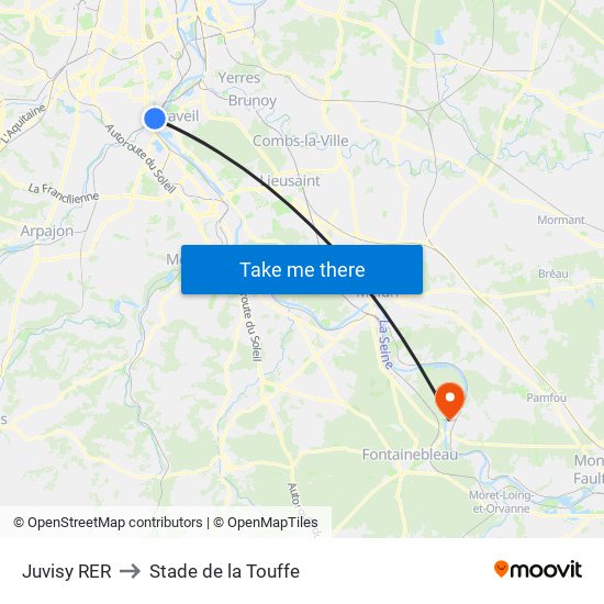 Juvisy RER to Stade de la Touffe map