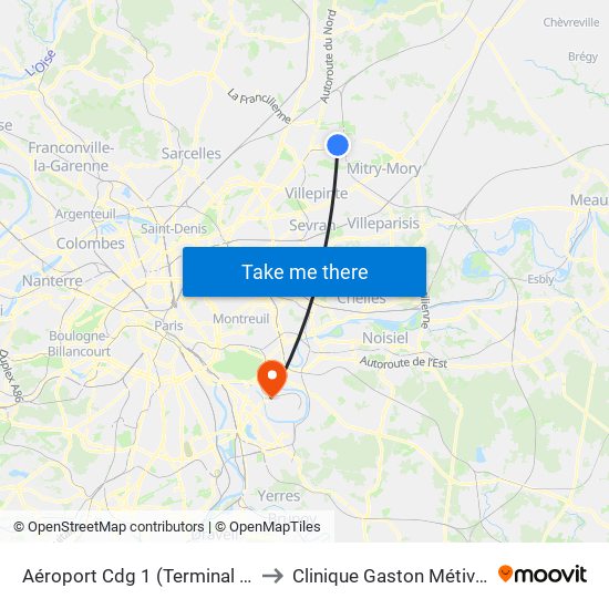 Aéroport Cdg 1 (Terminal 3) to Clinique Gaston Métivet map