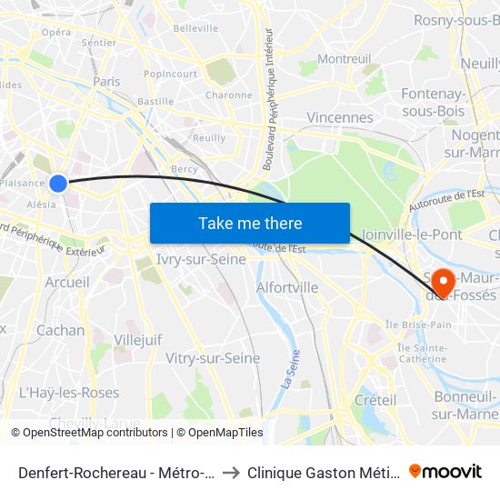 Denfert-Rochereau - Métro-Rer to Clinique Gaston Métivet map