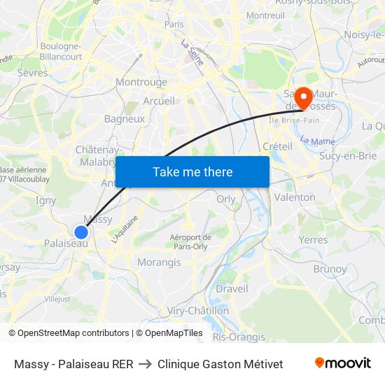 Massy - Palaiseau RER to Clinique Gaston Métivet map