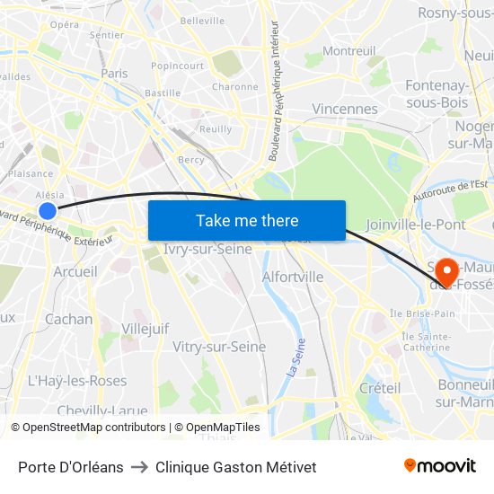 Porte D'Orléans to Clinique Gaston Métivet map