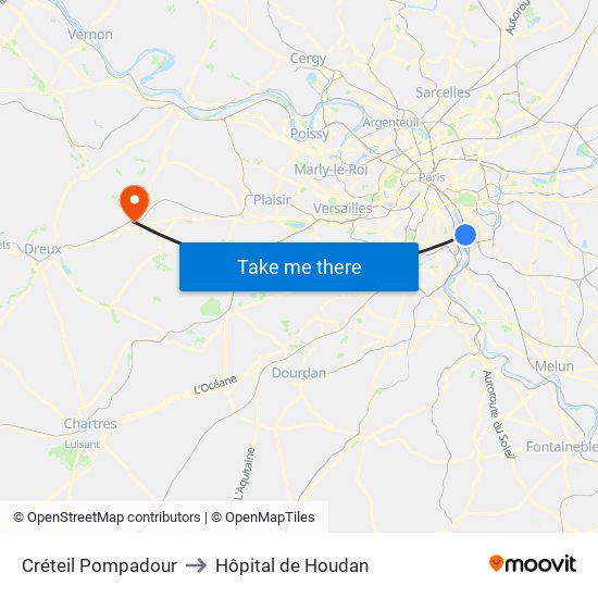 Créteil Pompadour to Hôpital de Houdan map