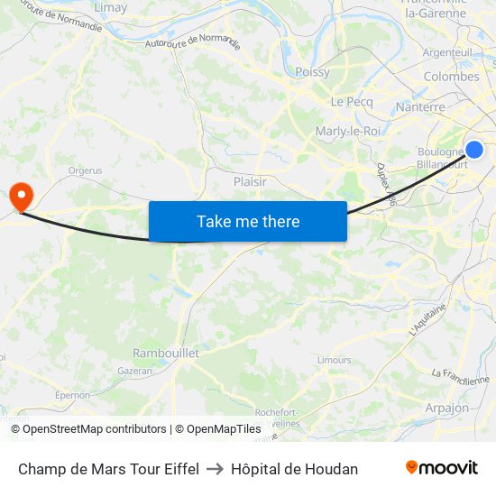 Champ de Mars Tour Eiffel to Hôpital de Houdan map