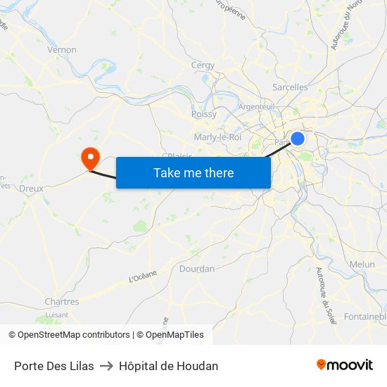 Porte Des Lilas to Hôpital de Houdan map