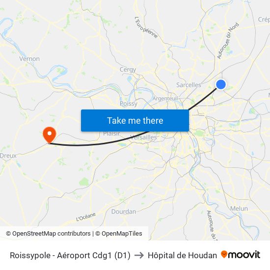 Roissypole - Aéroport Cdg1 (D1) to Hôpital de Houdan map