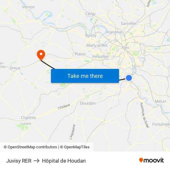 Juvisy RER to Hôpital de Houdan map