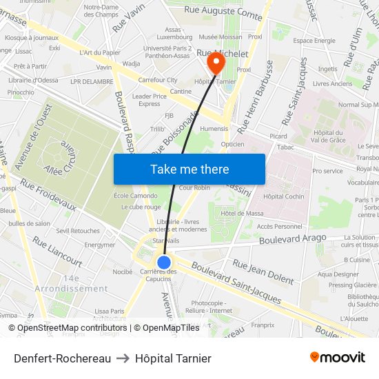 Denfert-Rochereau to Hôpital Tarnier map