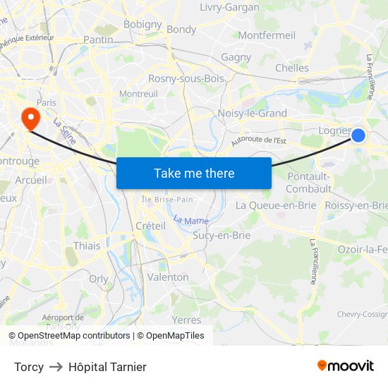 Torcy to Hôpital Tarnier map