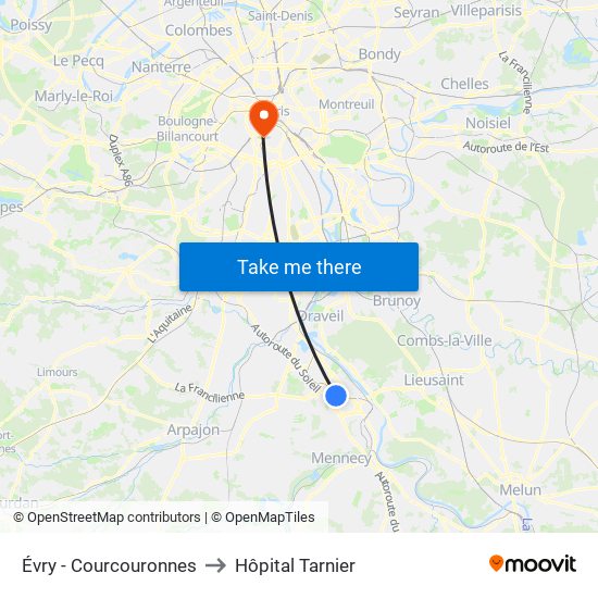 Évry - Courcouronnes to Hôpital Tarnier map