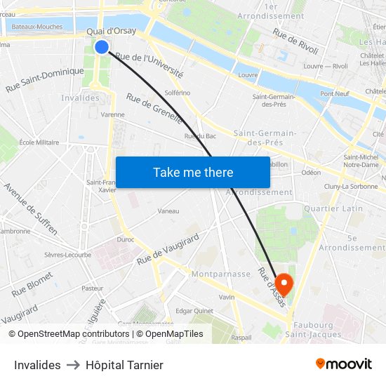 Invalides to Hôpital Tarnier map