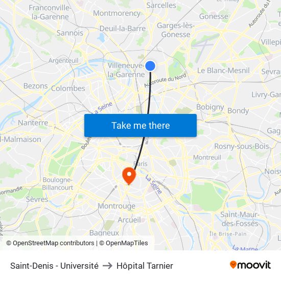 Saint-Denis - Université to Hôpital Tarnier map