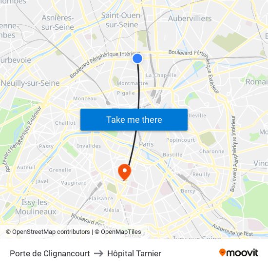Porte de Clignancourt to Hôpital Tarnier map