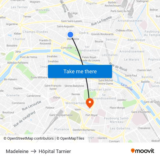 Madeleine to Hôpital Tarnier map