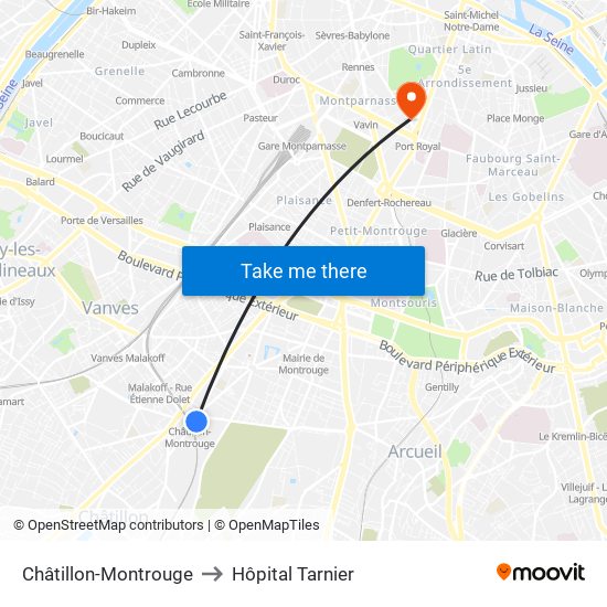 Châtillon-Montrouge to Hôpital Tarnier map