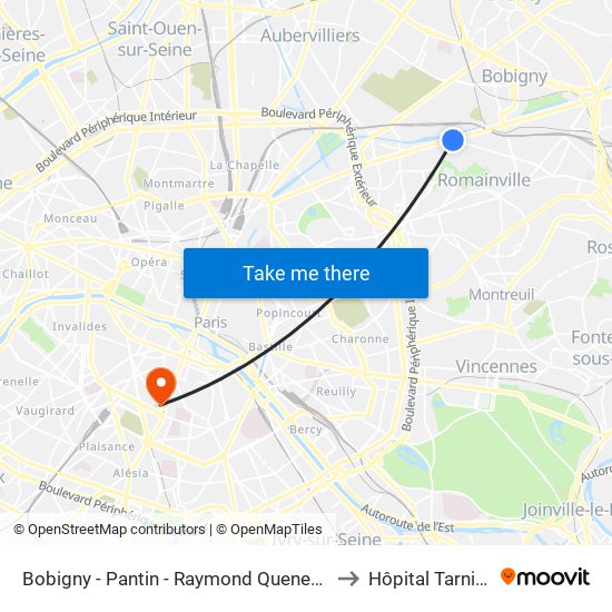 Bobigny - Pantin - Raymond Queneau to Hôpital Tarnier map