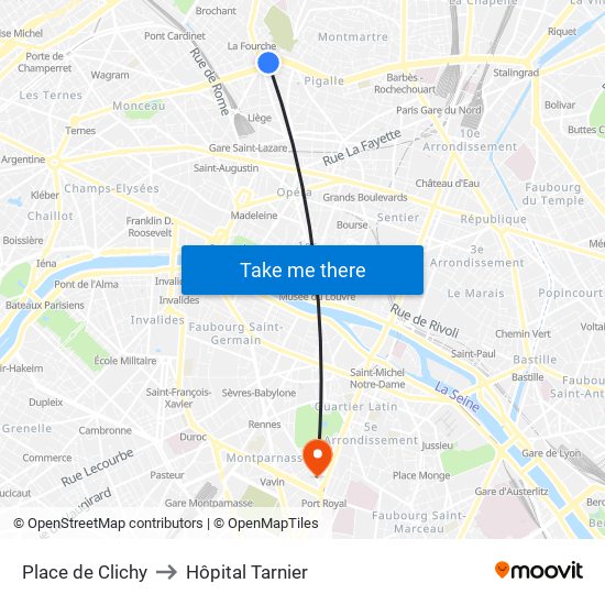 Place de Clichy to Hôpital Tarnier map