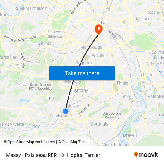 Massy - Palaiseau RER to Hôpital Tarnier map