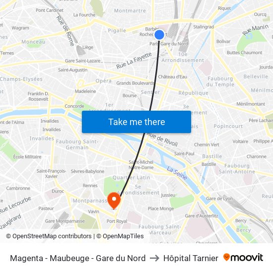 Magenta - Maubeuge - Gare du Nord to Hôpital Tarnier map