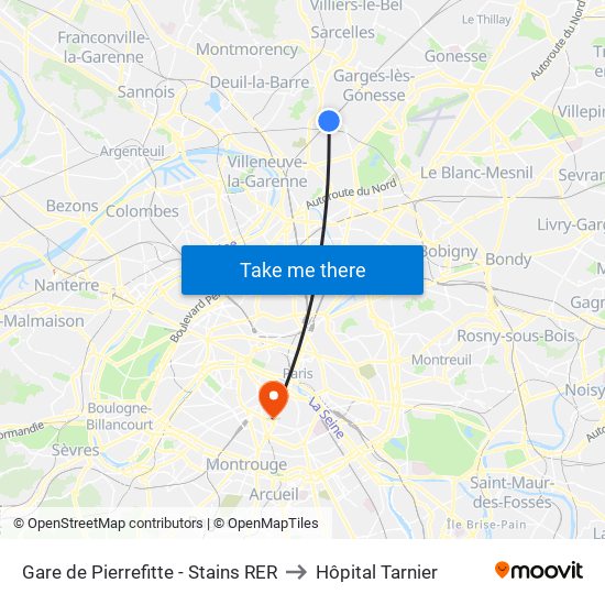 Gare de Pierrefitte - Stains RER to Hôpital Tarnier map