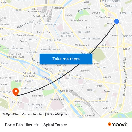 Porte Des Lilas to Hôpital Tarnier map