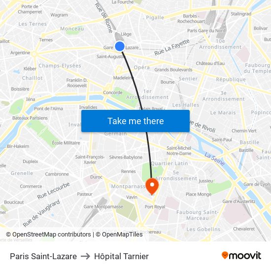 Paris Saint-Lazare to Hôpital Tarnier map