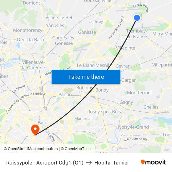 Roissypole - Aéroport Cdg1 (G1) to Hôpital Tarnier map