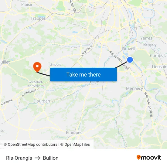 Ris-Orangis to Bullion map