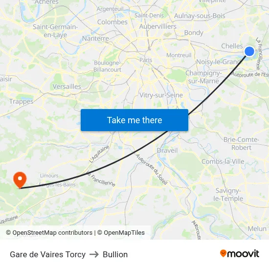Gare de Vaires Torcy to Bullion map