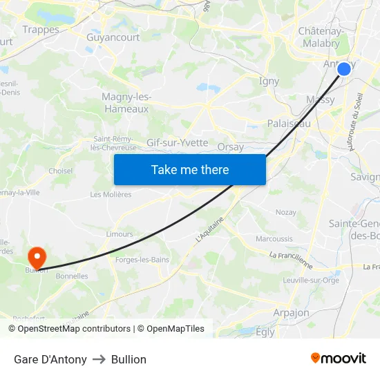 Gare D'Antony to Bullion map