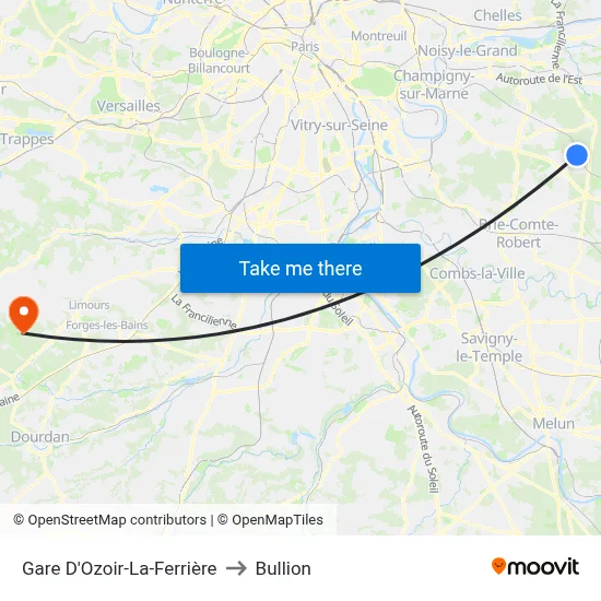 Gare D'Ozoir-La-Ferrière to Bullion map