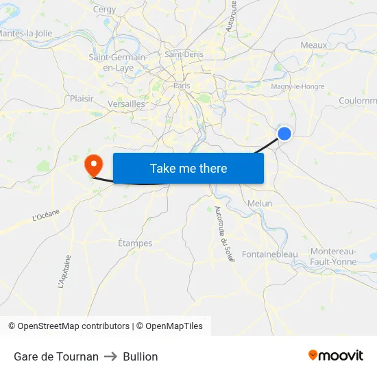 Gare de Tournan to Bullion map