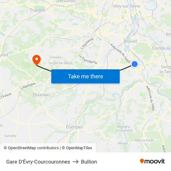 Gare D'Évry-Courcouronnes to Bullion map