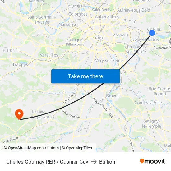 Chelles Gournay RER / Gasnier Guy to Bullion map