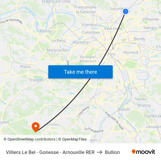Villiers Le Bel - Gonesse - Arnouville RER to Bullion map